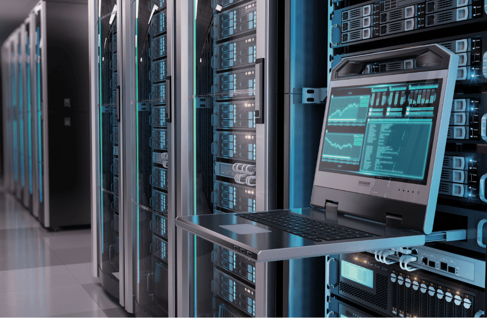 Server room with monitoring screen